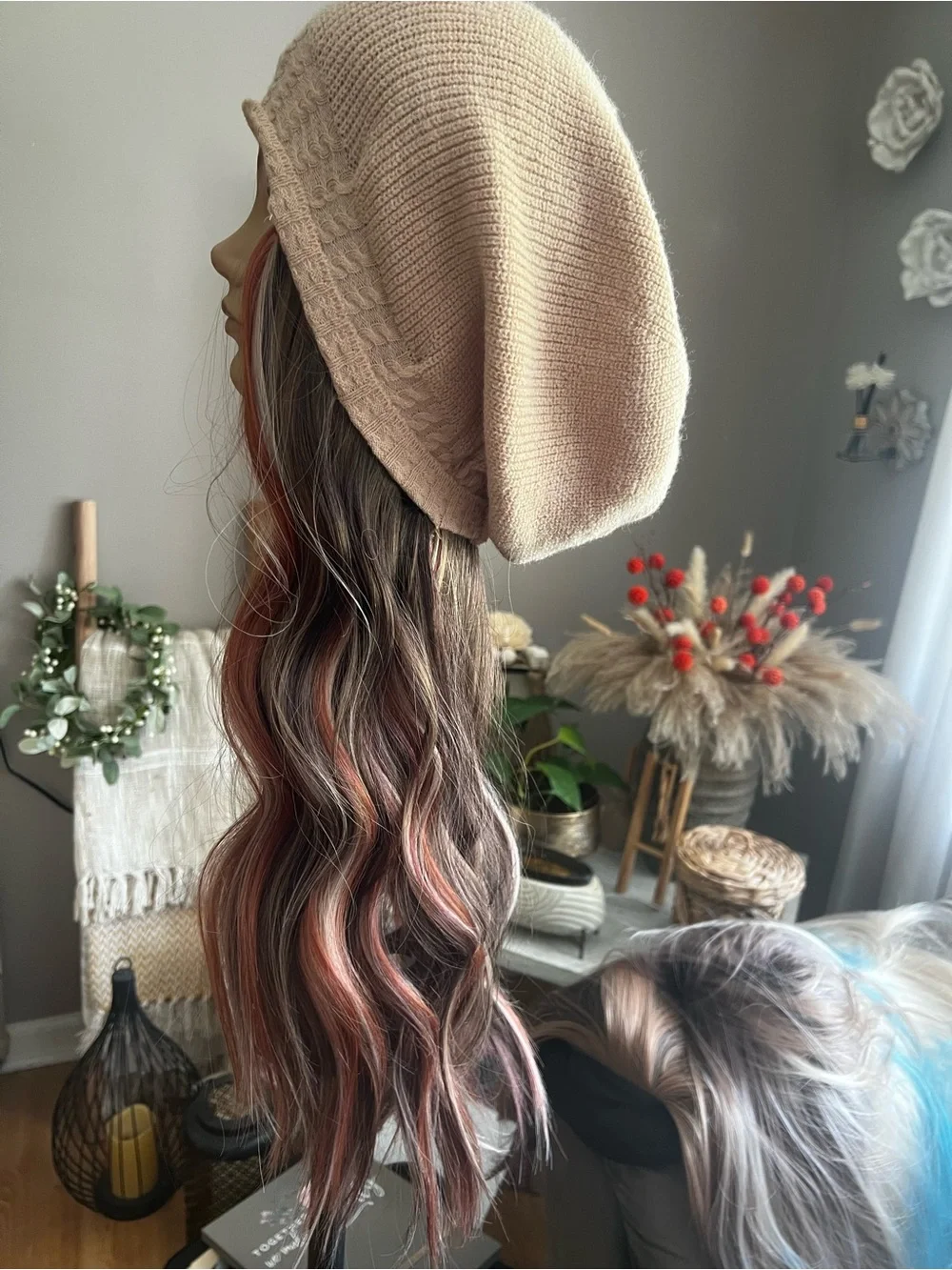 Long Wavy Women’s Wig in Peachy Copper and Brown